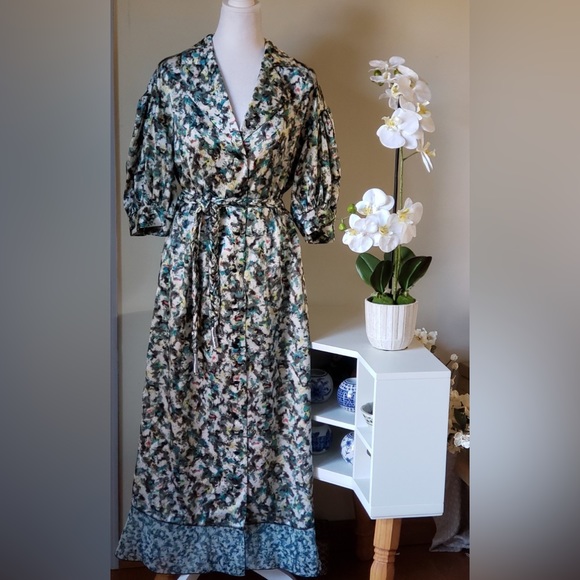 NWT DYVNA belted printed chiffon trimmed hammered silk satin midi length dress - Picture 1 of 15